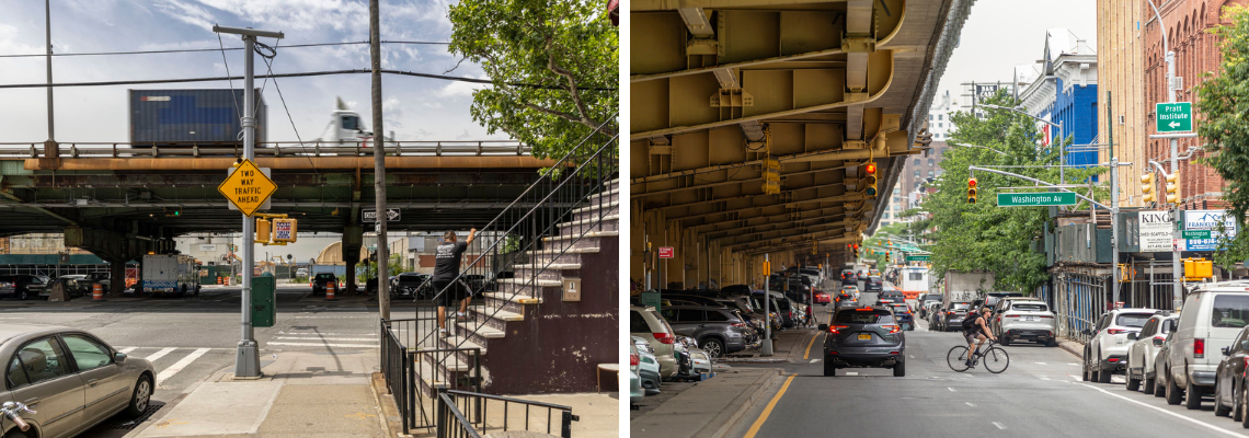 Two images of the BQE overpass in residential neighborhoods.