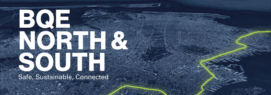 Cover of the BQE North and South Report with a navy blue aerial view of Brooklyn and Queens with a green line highlighting the location of parts of the BQE