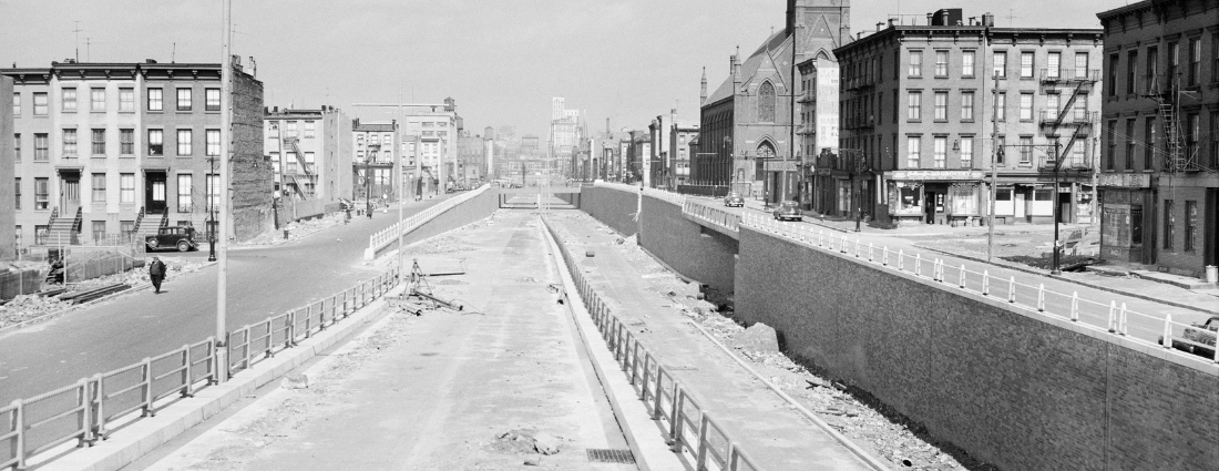 Black and white image of the Brooklyn Queens Expressway and Hicks Street in 1949.