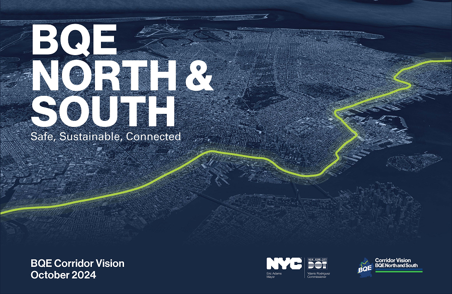 Cover of the BQE North and South Report with a navy blue aerial view of Brooklyn and Queens with a green line highlighting the location of parts of the BQE 